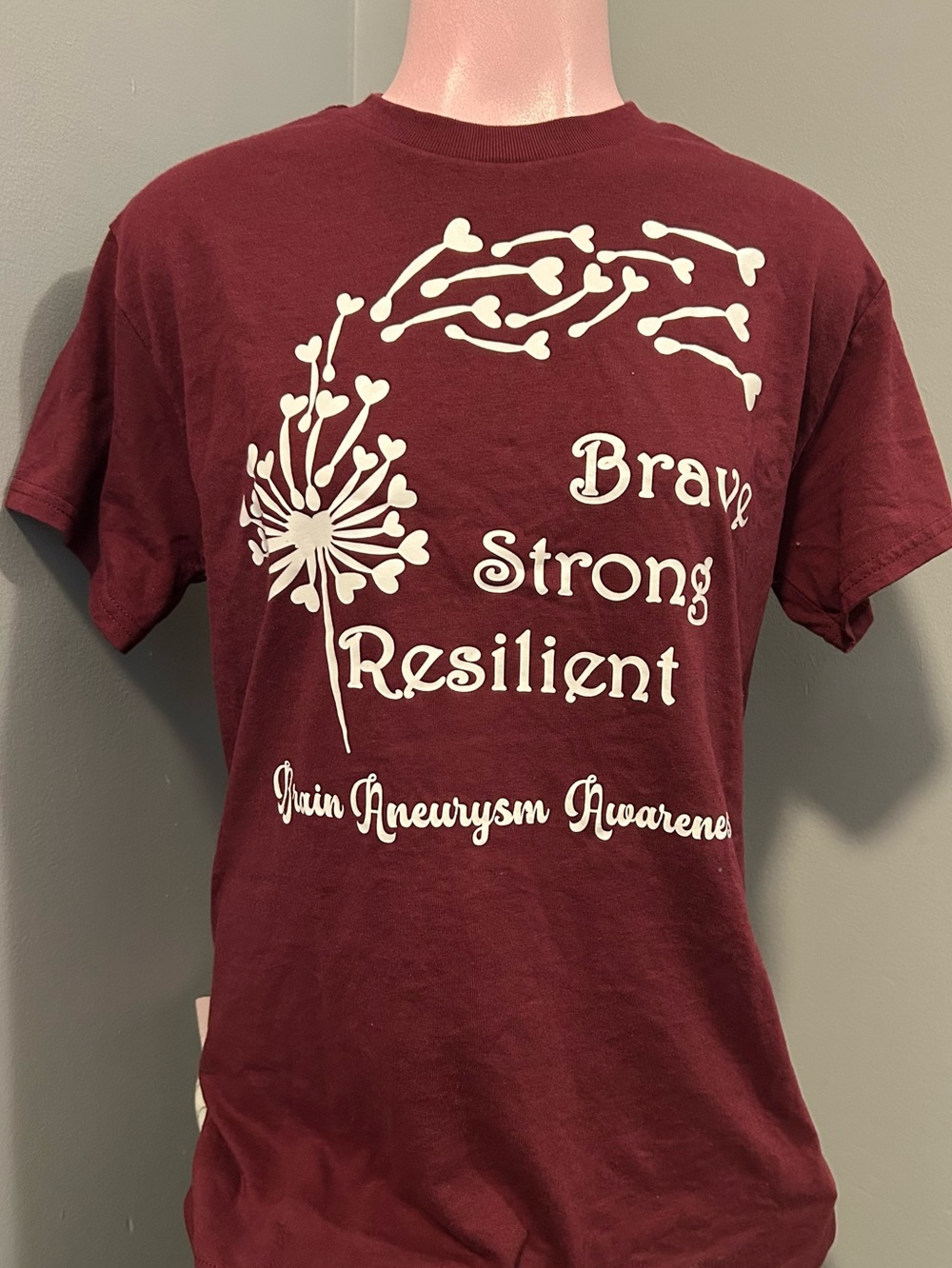 Brain Aneurysm Awareness Maroon Graphic Tee Shirt Brave Strong Resilient-Size S